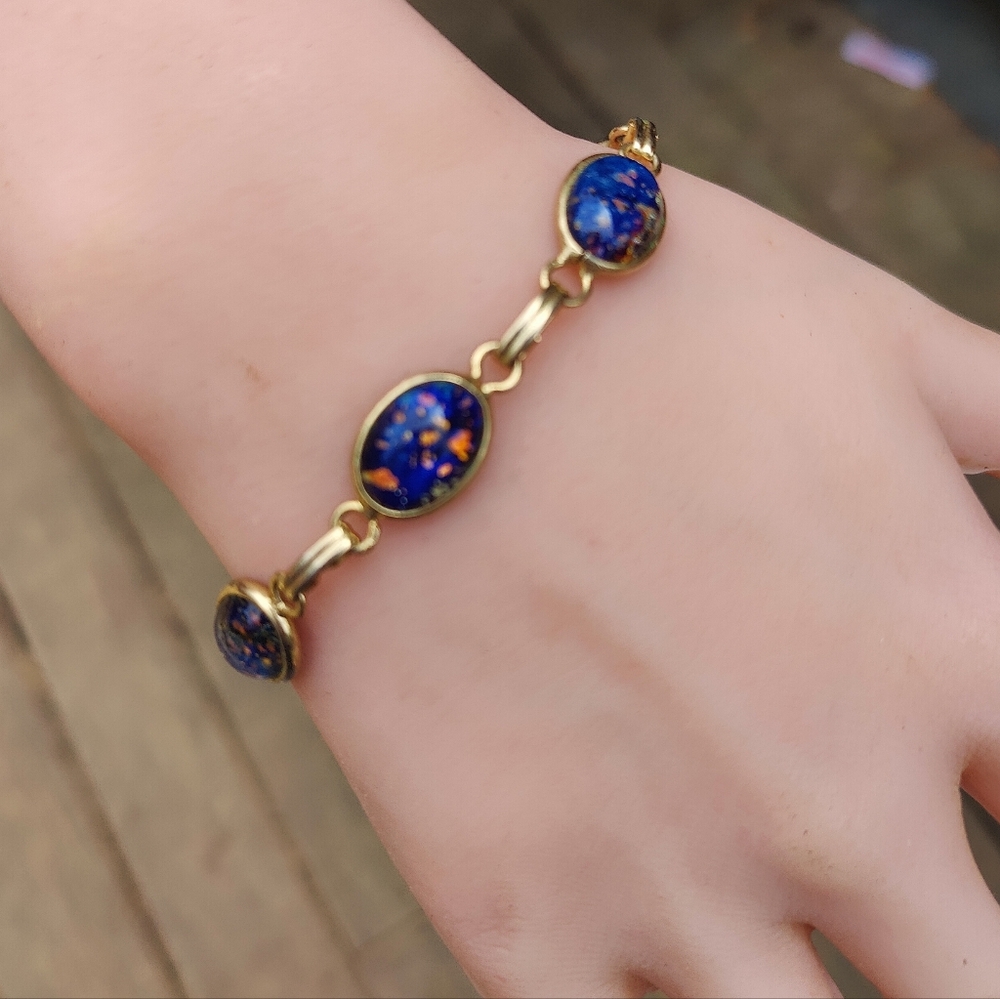 Vintage LongCraft Dichroic Art Glass Cab Bracelet With Safety Chain - Picture 4 of 5
